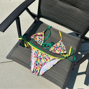 Vintage Just Cavalli Y2K Rainbow Monogram Rhinestone Bikini